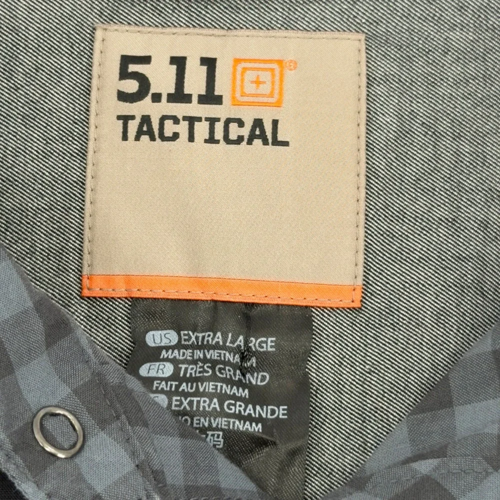 5.11 Tactical Mens XL Grey Gingham Plaid Long Sleeve‎ Snap Front Utility Shirt